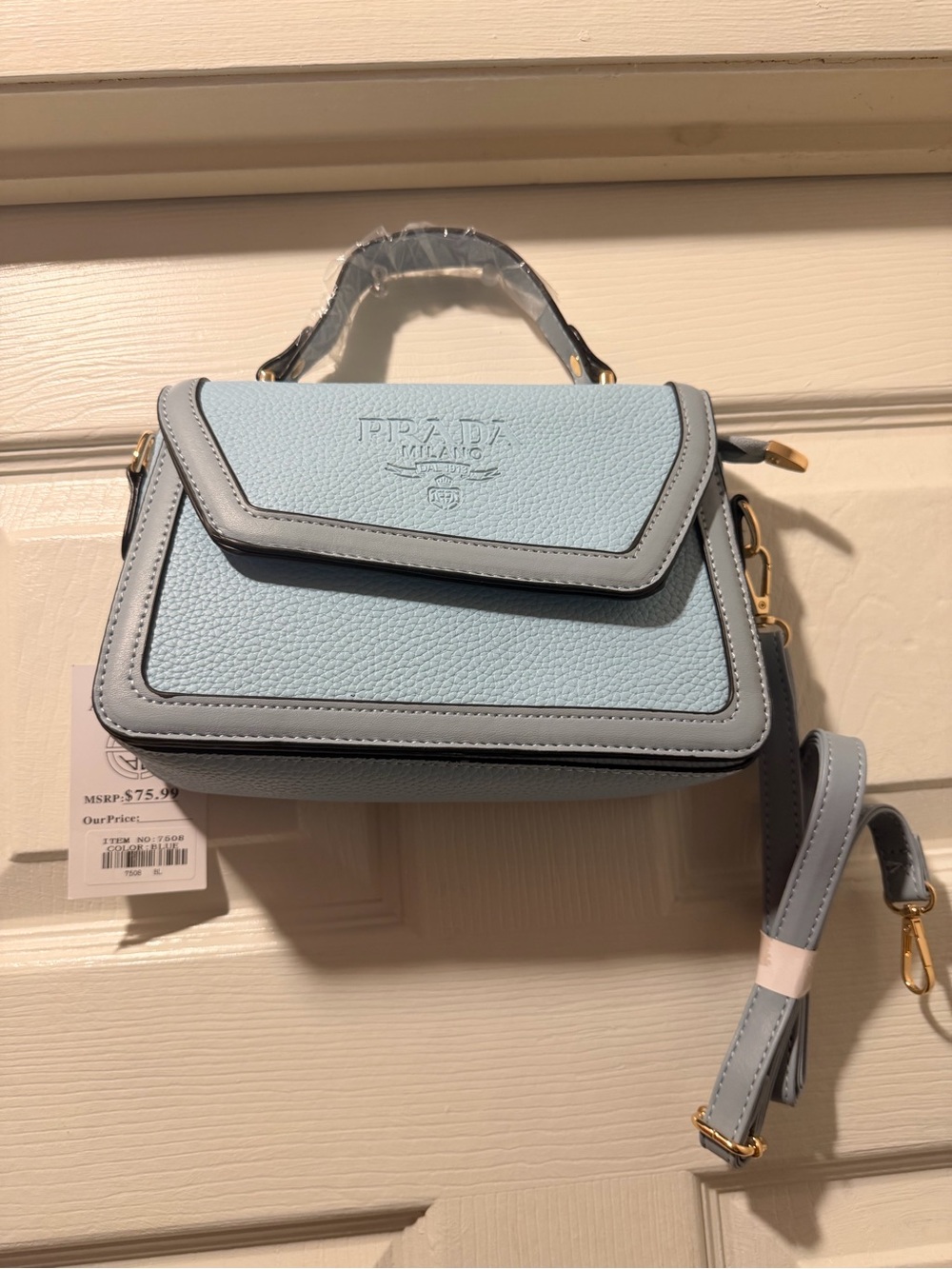 Women Light Blue Pebbled Leather Top-Handle Crossbody